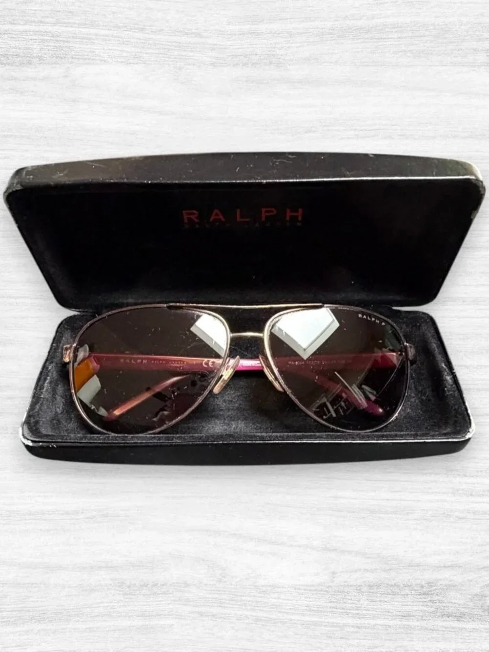 Ralph Lauren Y2K Aviator Sunglasses Brown Gradient Pink Arms Gold Tone RA4004